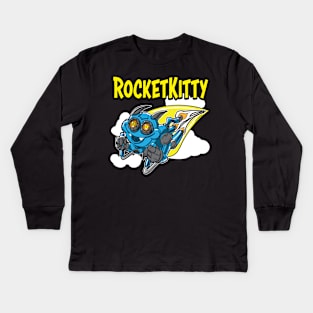Rocket Kitty rocketing throught the sky Kids Long Sleeve T-Shirt